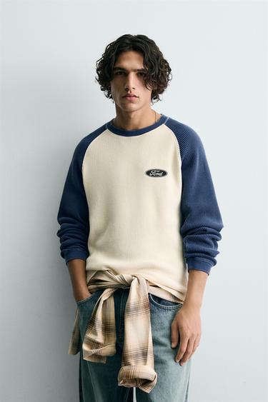 FORD © COLOUR BLOCK WAFFLE-KNIT T-SHIRT - Blue/White by Zara