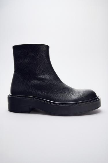 FLAT LEATHER ANKLE BOOTS - Black by Zara