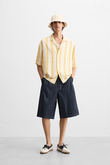 Zara VISCOSE LINEN STRIPED SHIRT - Ecru/Yellow - Image 0