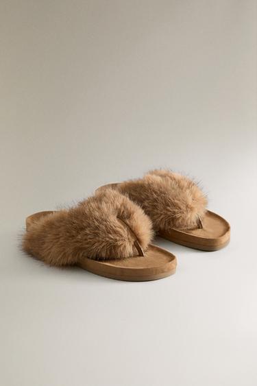 FAUX FUR THONG SANDALS - Camel Brown by Zara - Image 1