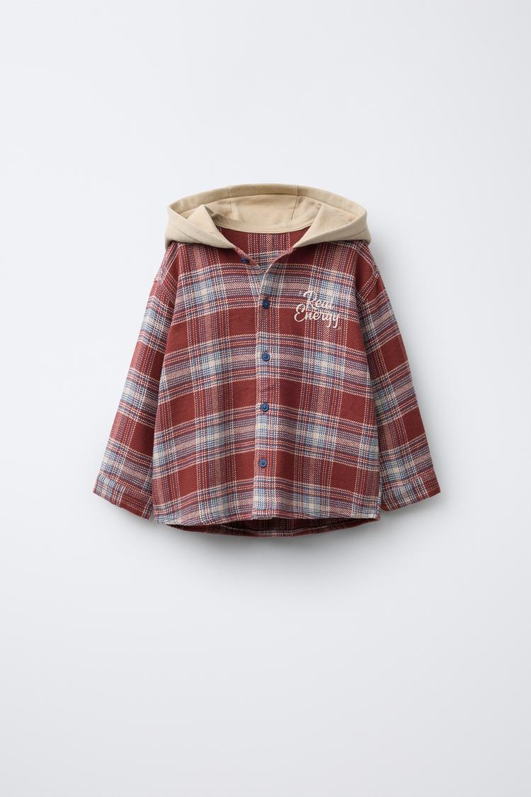 CHECK OVERSHIRT WITH CONTRAST HOODIE Maroon ZARA UAE Dubai