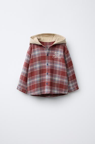 SOBRECAMISA CUADROS CAPUCHA FELPA CONTRASTE - Granate de Zara