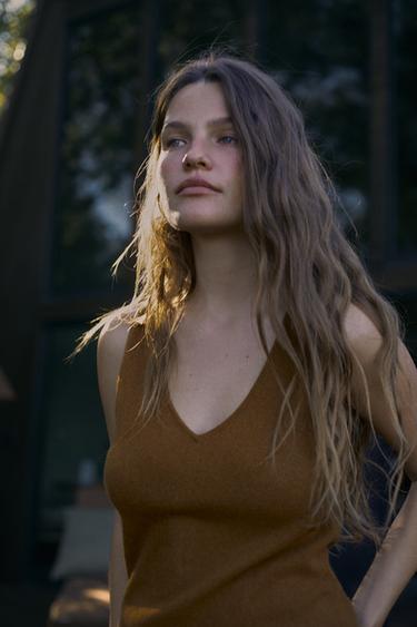 Zara 100% WOOL STRAPPY TOP - Mid-camel