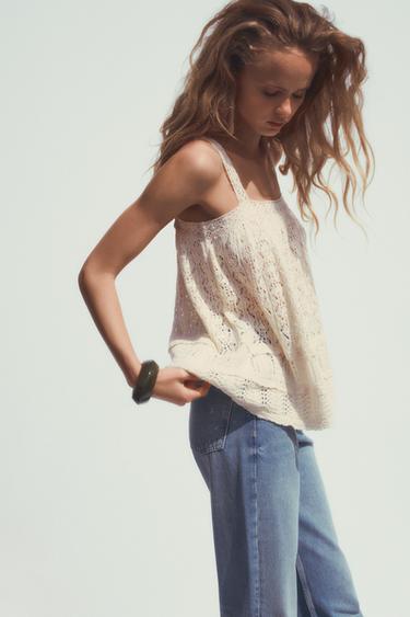 TOP EN MAILLE POINTELLE DENTELLE - Écru de Zara