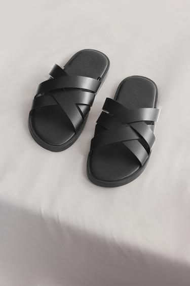 Zara 帶狀真皮涼鞋 - 黑色