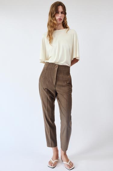 PANTALÓN RAYAS TIRO ALTO - tostado de Zara