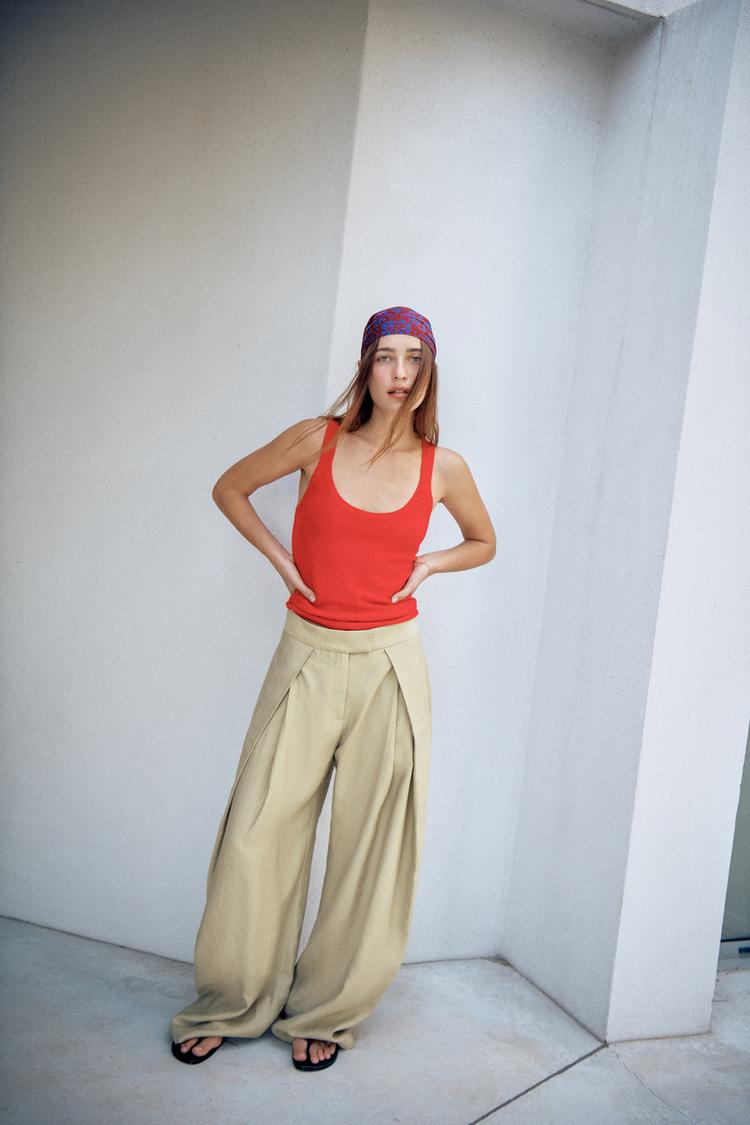 ZW COLLECTION PLEATED WIDE LEG PANTS — Olive Green