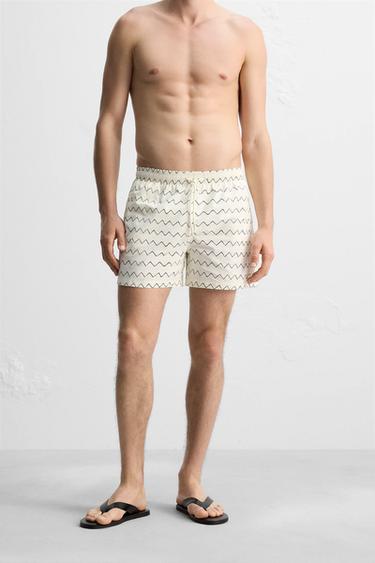 REGULAR GEOMETRIC PRINT SWIMMING TRUNKS - Ecru by Zara - Image 1