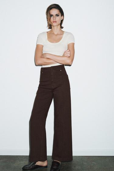 JEANS ZW COLLECTION TAILORED WIDE LEG بسرج عال - شوكولاتة by Zara