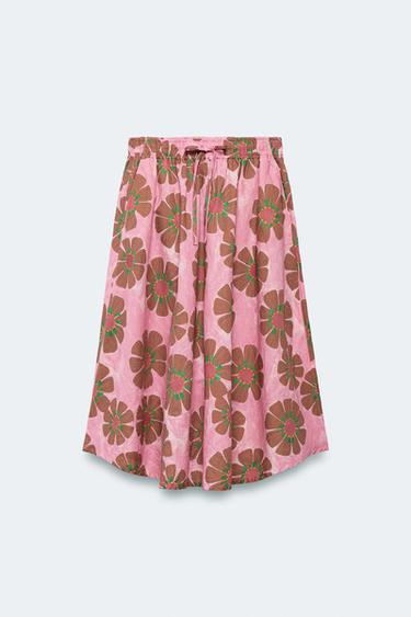 Zara LIMITED EDITION FLORAL LINEN BLEND MIDI SKIRT - Printed