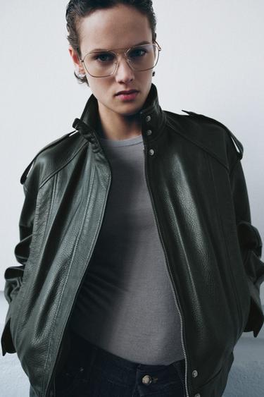 ZW COLLECTION LIMITED EDITION LEATHER BOMBER JACKET - Bottle green by Zara - Image 1