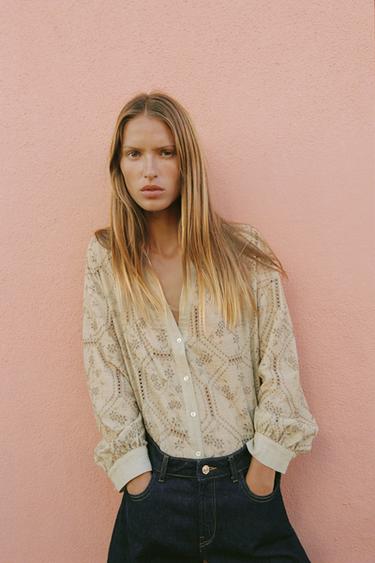 CAMICIA CON RICAMI TRAFORATI - Kaki chiaro di Zara