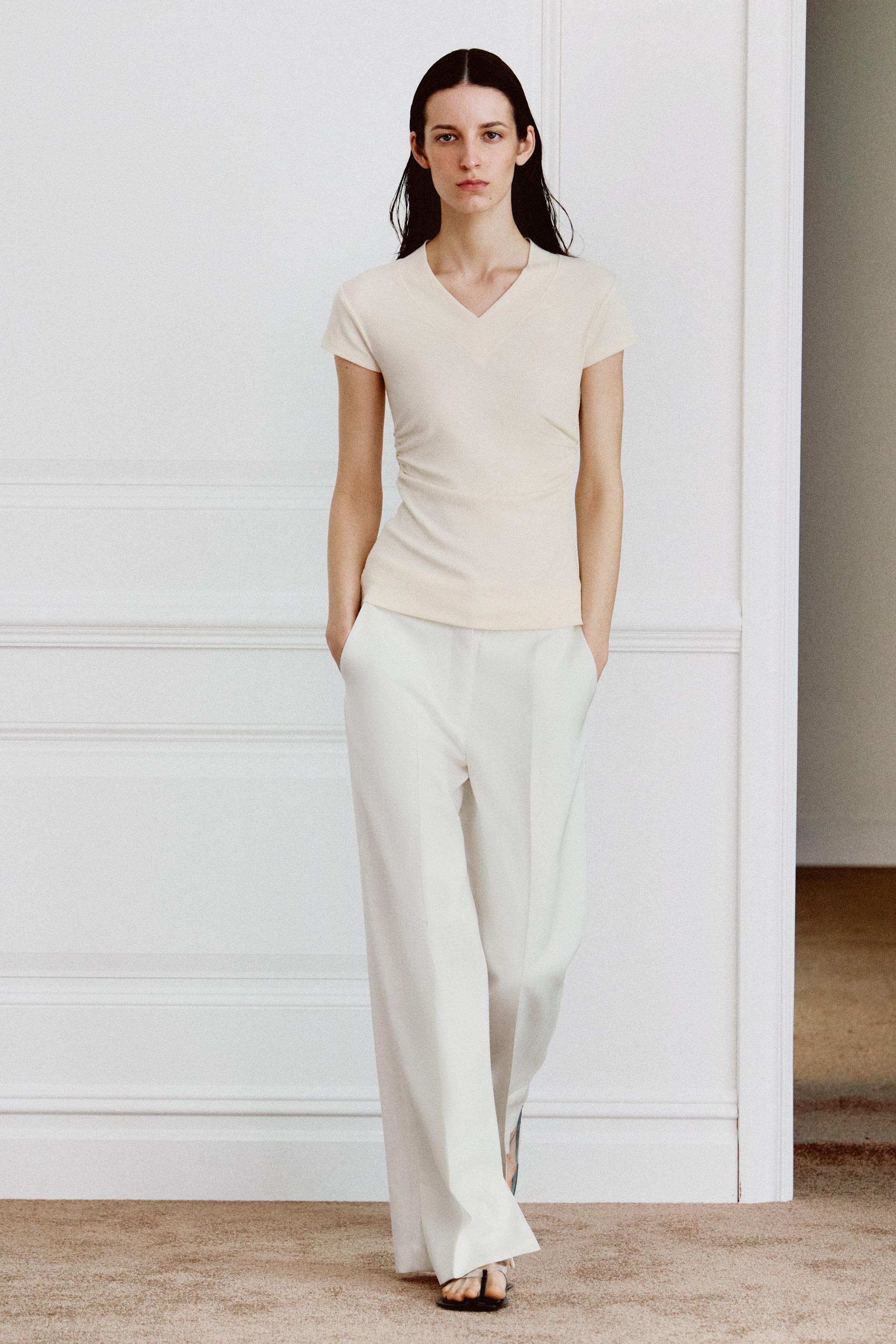 DRAPED LINEN BLEND T-SHIRT — Ecru