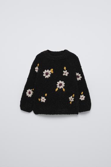 TEXTURED SWEATER WITH FLORAL EMBROIDERY - Black by Zara - Image 0