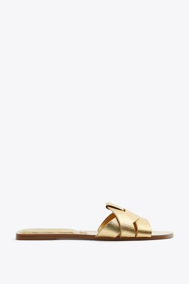 Zara FLAT CROSSED LEATHER SANDALS - Gold
