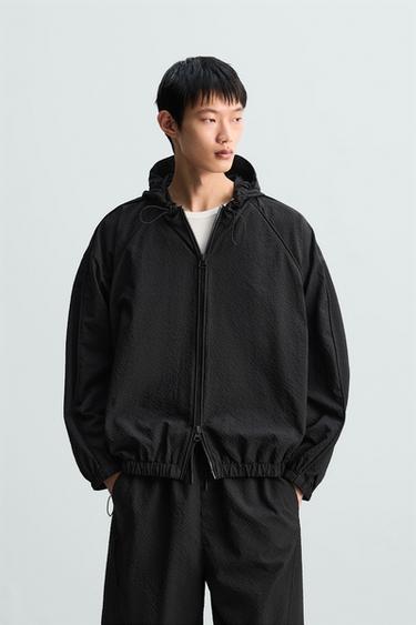 Zara SEERSUCKER HOODED JACKET - Black