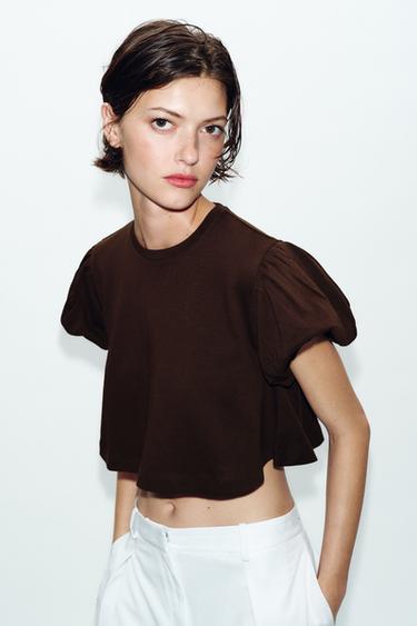 Zara CROPPED VOLUMINOUS SLEEVE T-SHIRT - Chocolate