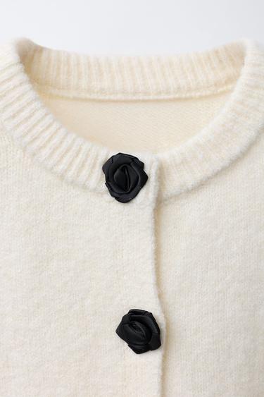 CARDIGAN WITH SATIN FLOWER BUTTONS - Ecru by Zara - Image 2