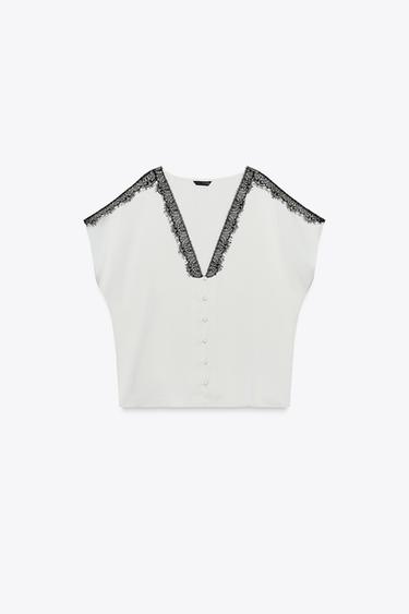 BLOUSE SATINÉE DENTELLE CONTRASTÉE - Écru de Zara - Image 2