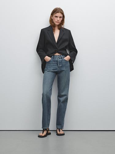 Jeans straight tiro alto mezcla algodón - Azul medio de Zara