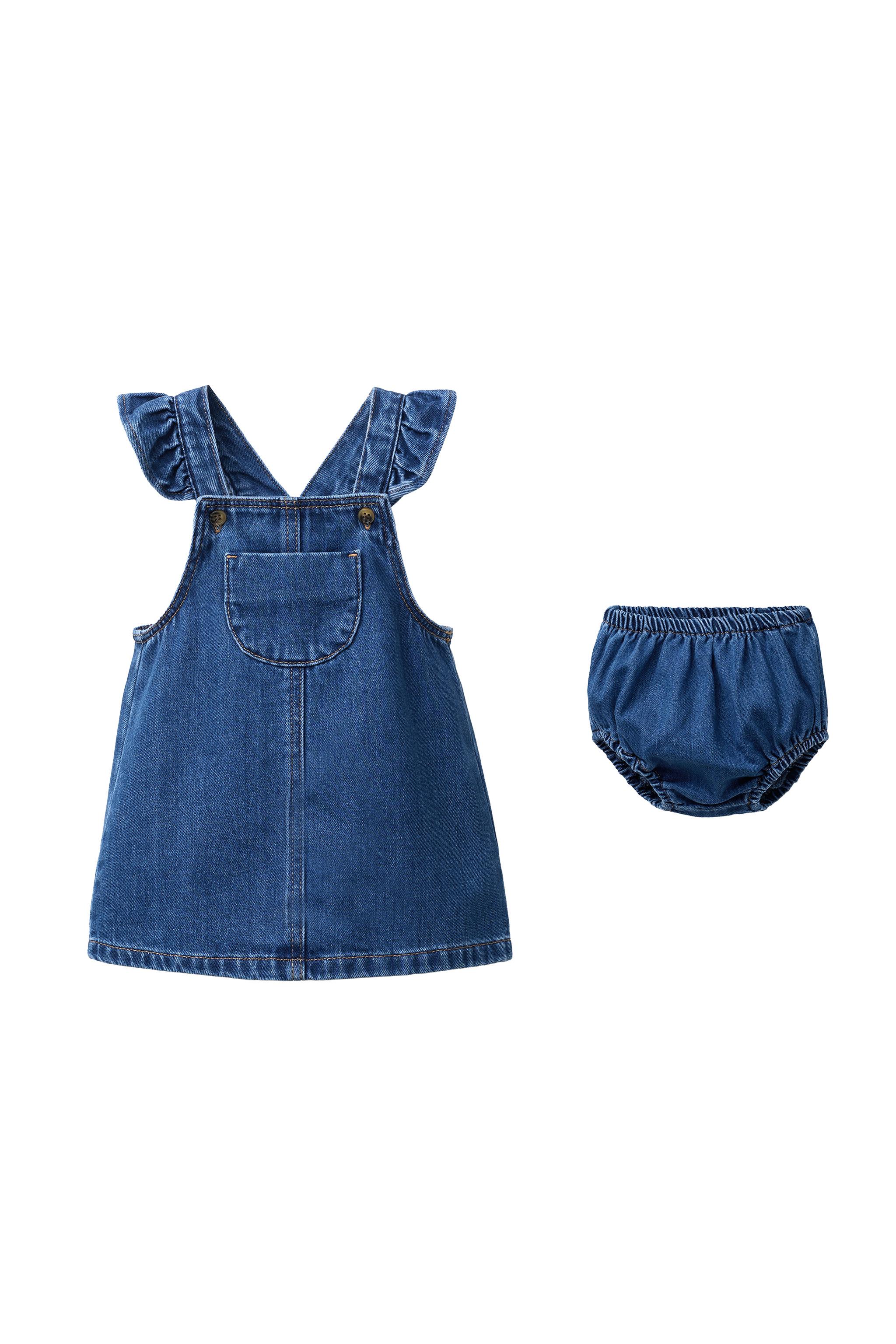 zara denim pinafore dress CONTRASTING SCALLOP DENIM PINAFORE DRESS - Blue