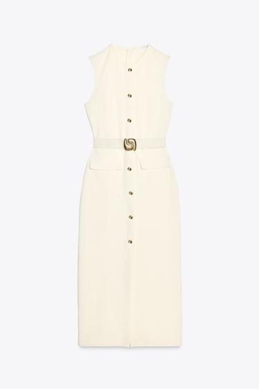 Zara BELTED CREPE MIDI DRESS - Ecru