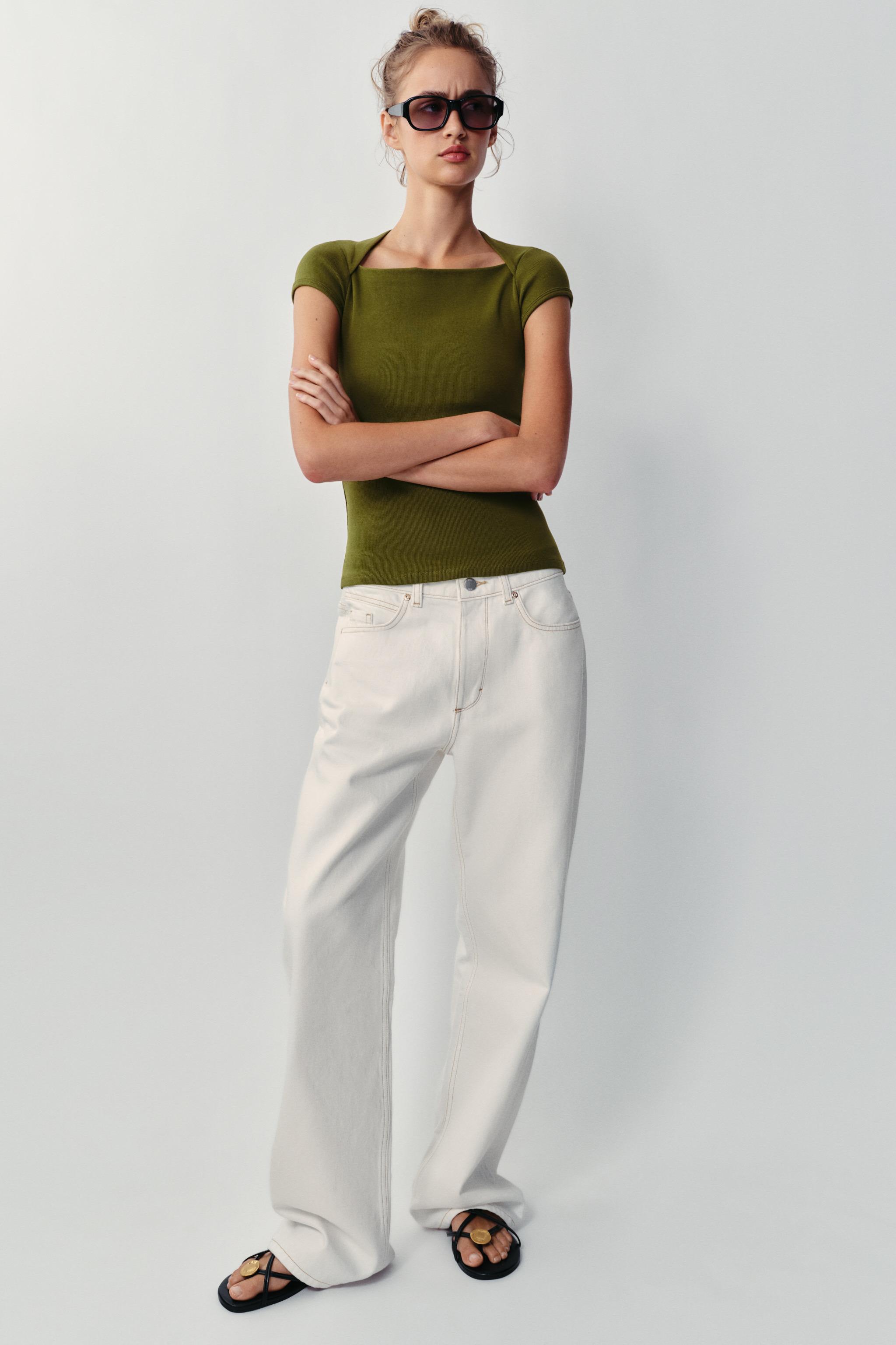 SQUARE NECKLINE T-SHIRT — Olive green