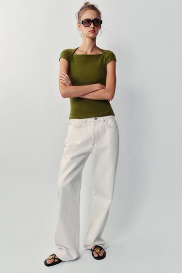 SQUARE NECK T-SHIRT - Olive green by Zara