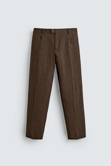 Zara REGULAR FIT 100% LINEN SUIT PANTS - Dark brown