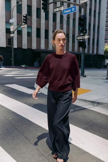 سترة محاكة بأكمام عريضة - بنفسجي الخاص بـ Zara