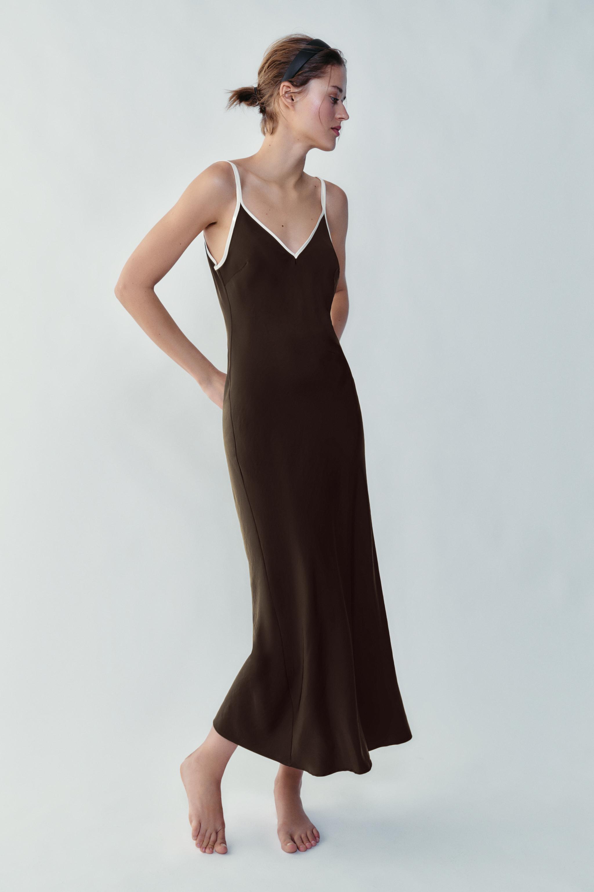 CONTRAST TRIM SATIN MIDI DRESS — Brown