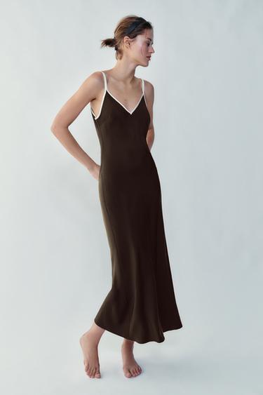 Zara CONTRAST TRIM SATIN MIDI DRESS - Brown