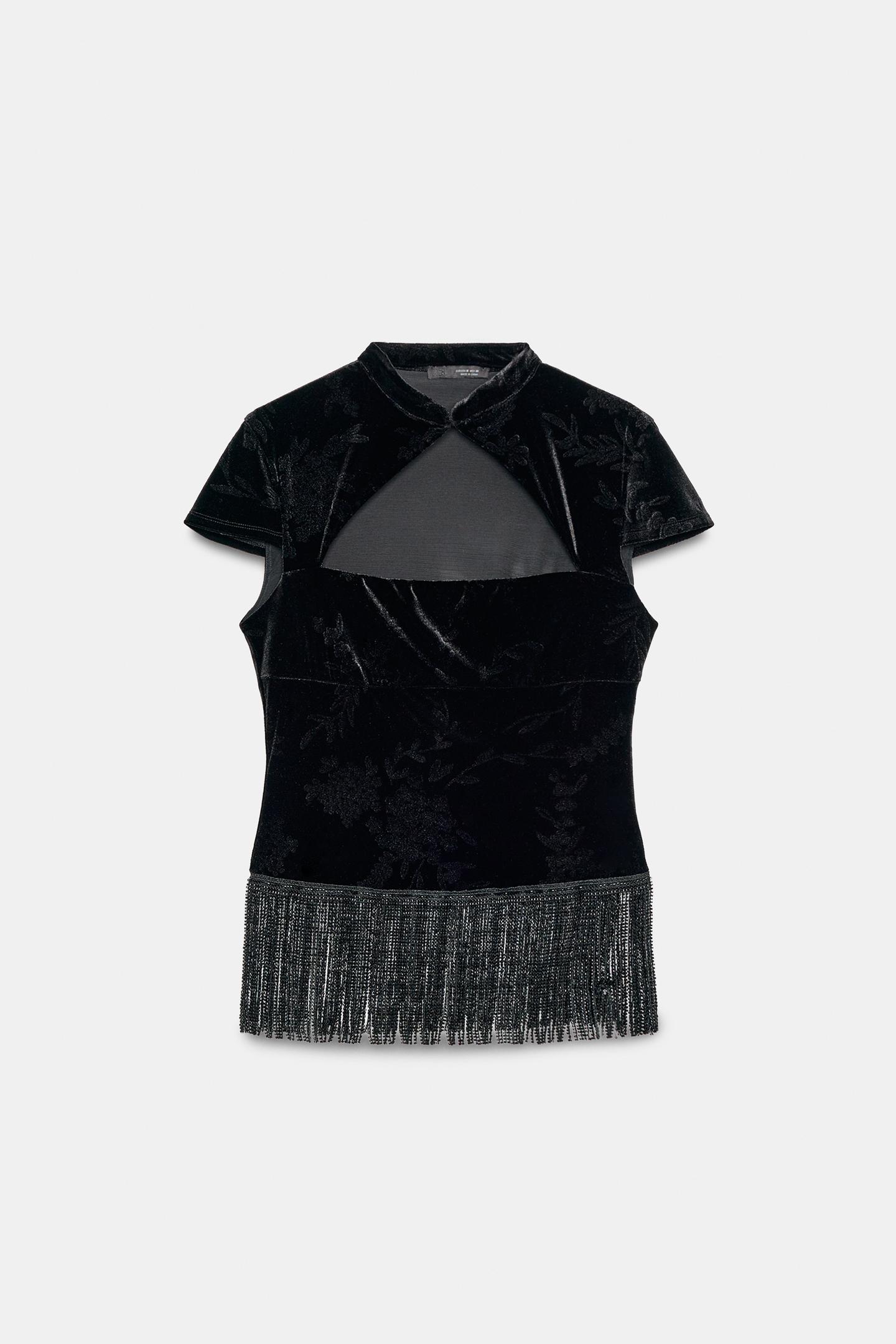 Женский топ Zara Velvet Top with Cutout and Fringe, цвет: Чёрный — фото 4