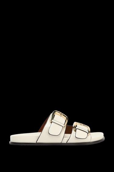 Zara DOUBLE STRAP BUCKLE FLAT SANDALS - White - Image 0