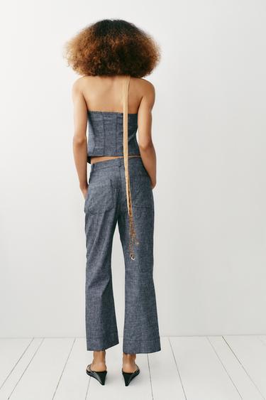 LINEN BLEND CROP TOP WITH FROG FASTENING - Grey by Zara - Image 4