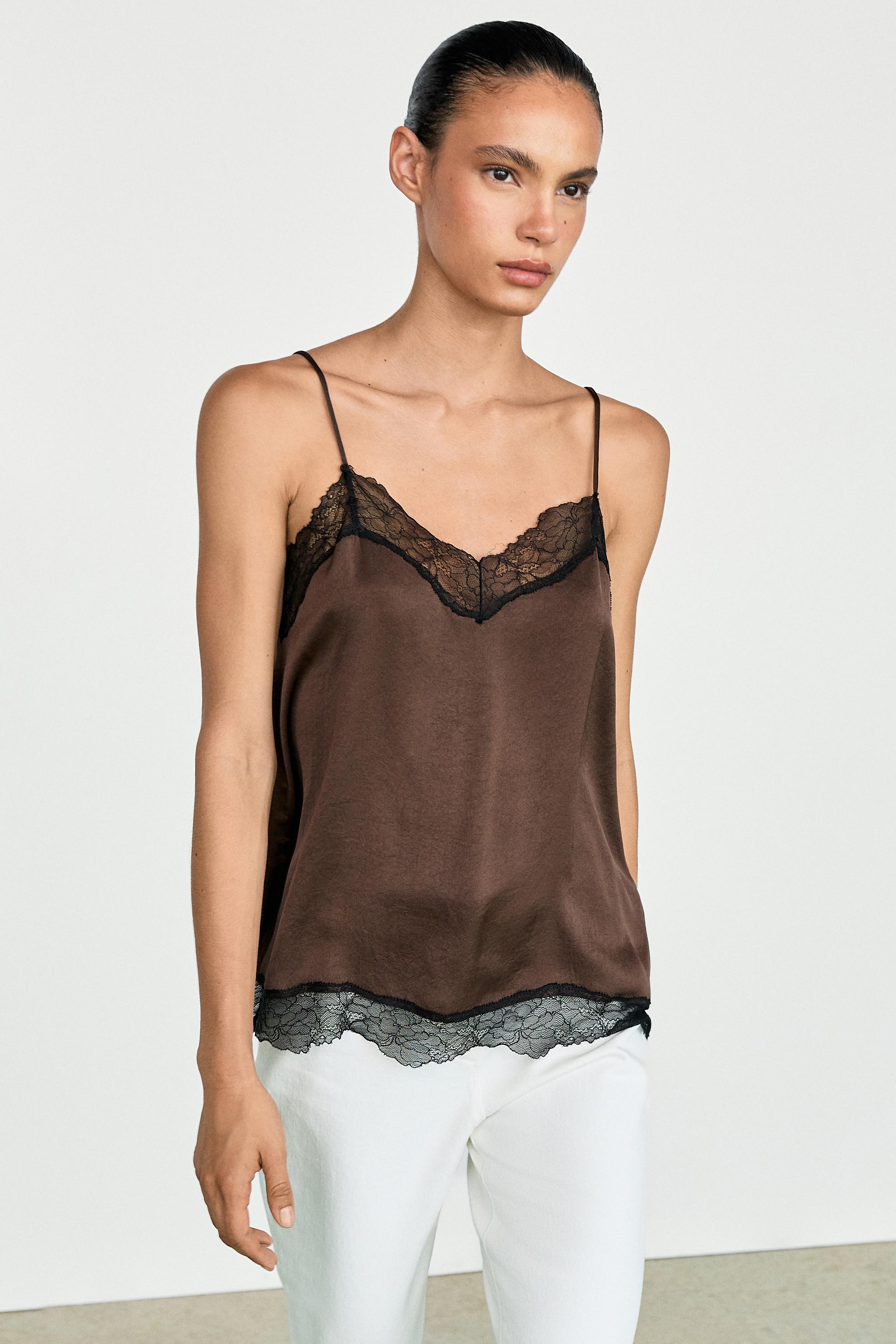 Contrast lace camisole top — Brown marl