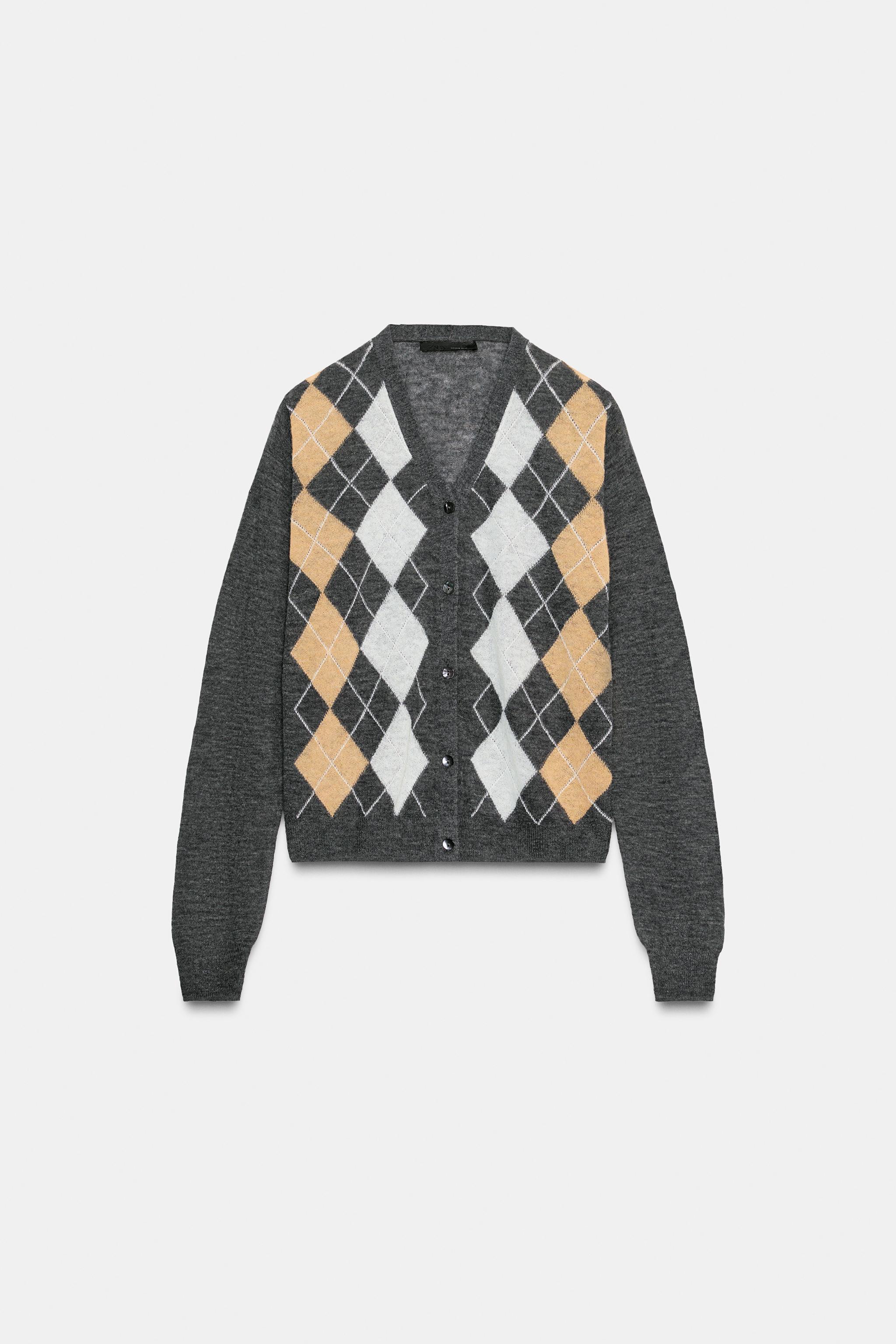 ARGYLE KNIT CARDIGAN - Gray | ZARA United States