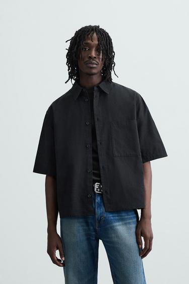 CAMISA JACQUARD ALGODÓN - LINO - Negro de Zara