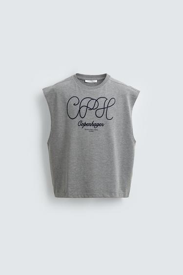 Zara EMBROIDERED RELAXED FIT TANK TOP - Gray marl