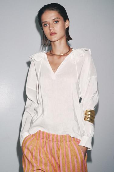 قميص من نسيج ممزوج بالكتان ZW COLLECTION - أبيض مكسور الخاص بـ Zara