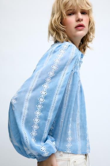 ROMANTIC BLOUSE WITH CUTWORK EMBROIDERY - Blue/White by Zara