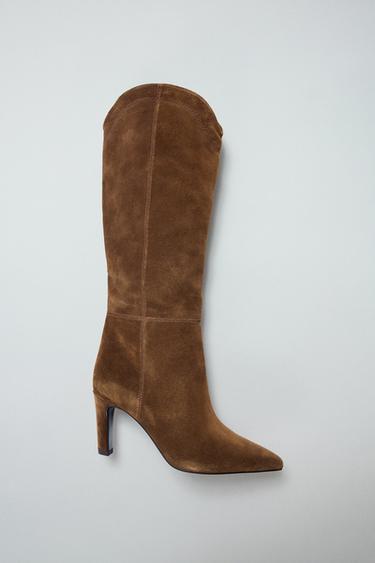 STITCHED SPLIT SUEDE HEELED BOOTS - Brown by Zara