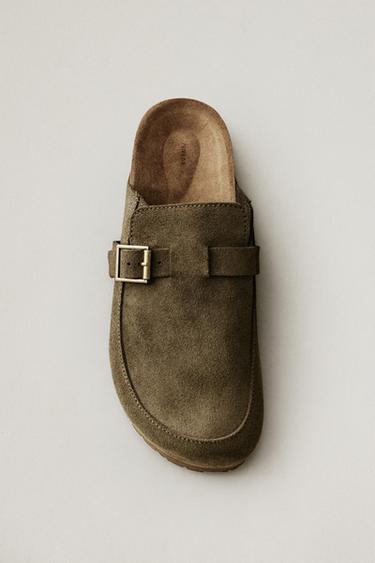 LEATHER CLOGS WITH BUCKLE - Khaki Green by Zara