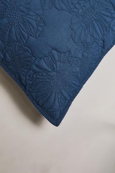 CONTRAST RAISED FLORAL CUSHION COVER FOR QUILTS - Blue by Zara - Image 1