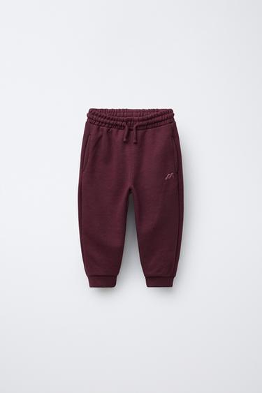 Zara PLUSH EMBROIDERY JOGGING PANTS - Burgundy