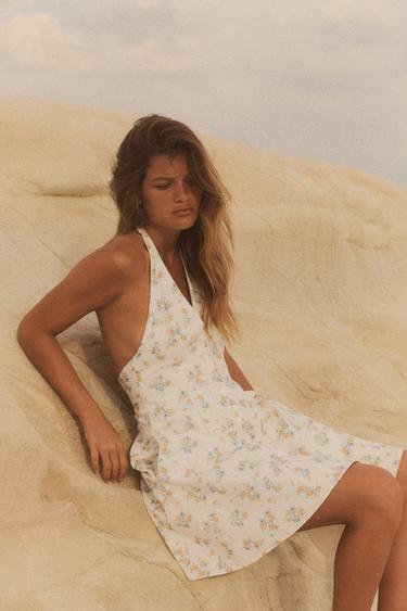 ROBE EN POPELINE IMPRIMÉE FLEURS - blanc-orange de Zara - Image 0