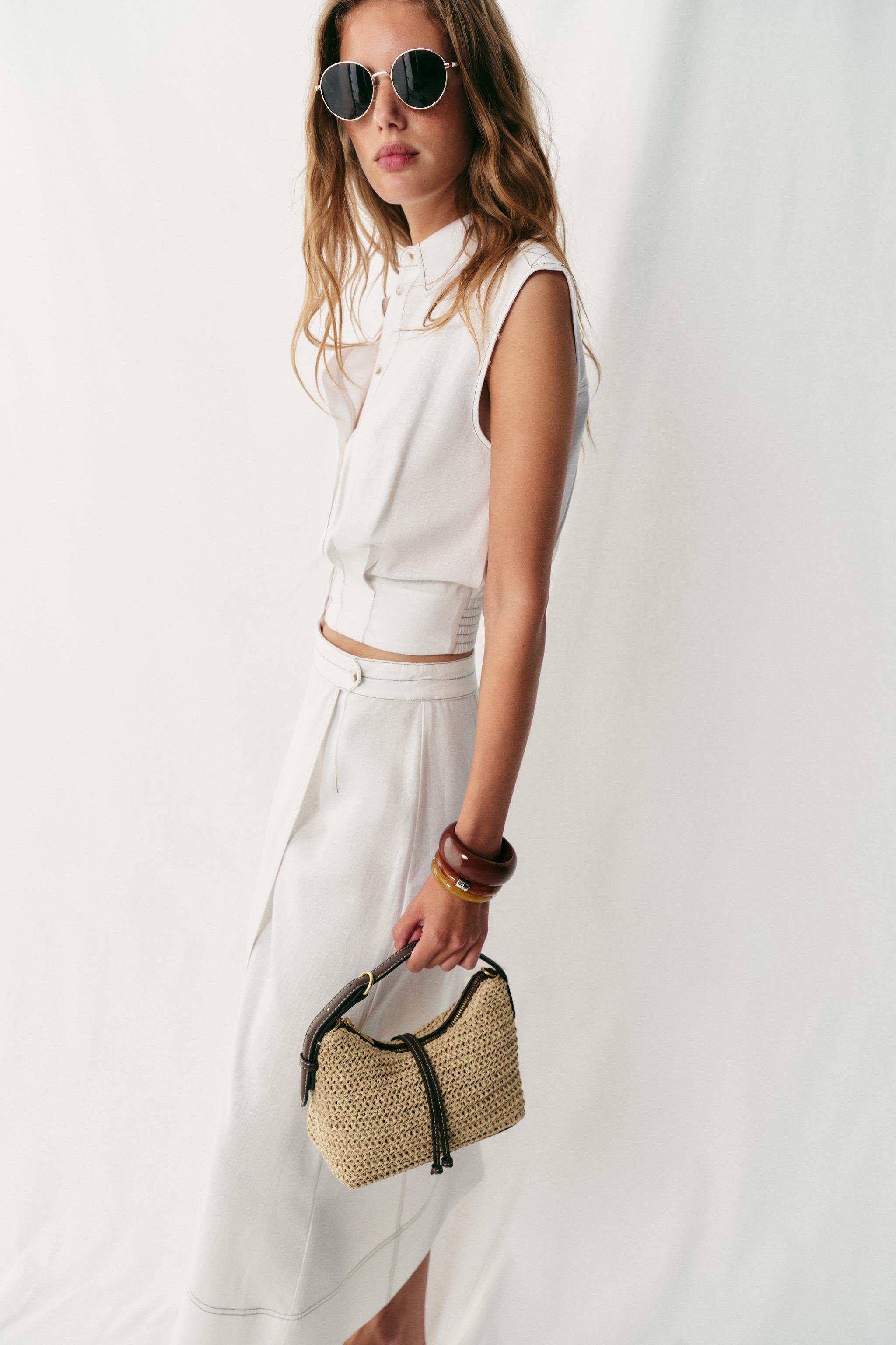 WOVEN MINI BUCKET BAG — Light beige