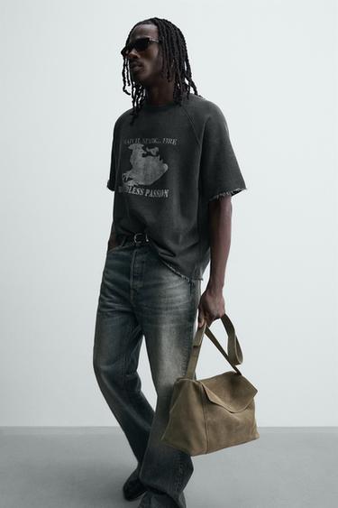 SWEAT DÉLAVÉ À IMPRIMÉ EN CONTRASTE - Noir de Zara - Image 5