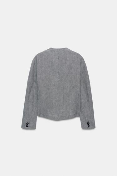 HOUNDSTOOTH LINEN BLEND BLAZER ZW COLLECTION - Blue/White by Zara - Image 4