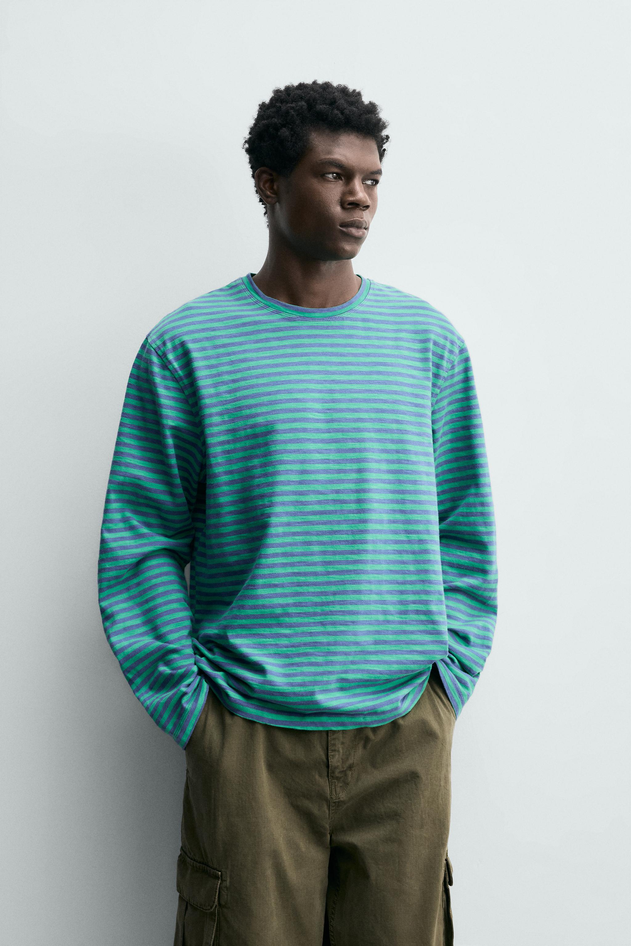 RELAXED FIT STRIPED JACQUARD T-SHIRT — Blue